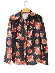 Black long sleeve maternity shirt with rodeo and floral print, button-down style.