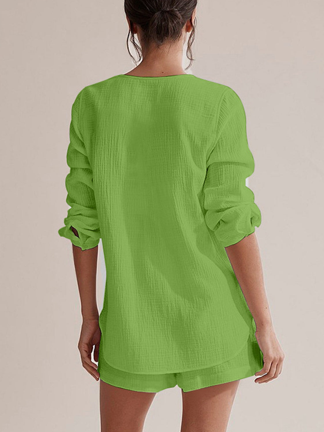 Lime green textured cotton pajama set with long sleeves and shorts.