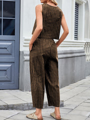 Caramel gingham cropped tank and tapered trouser set with pockets.