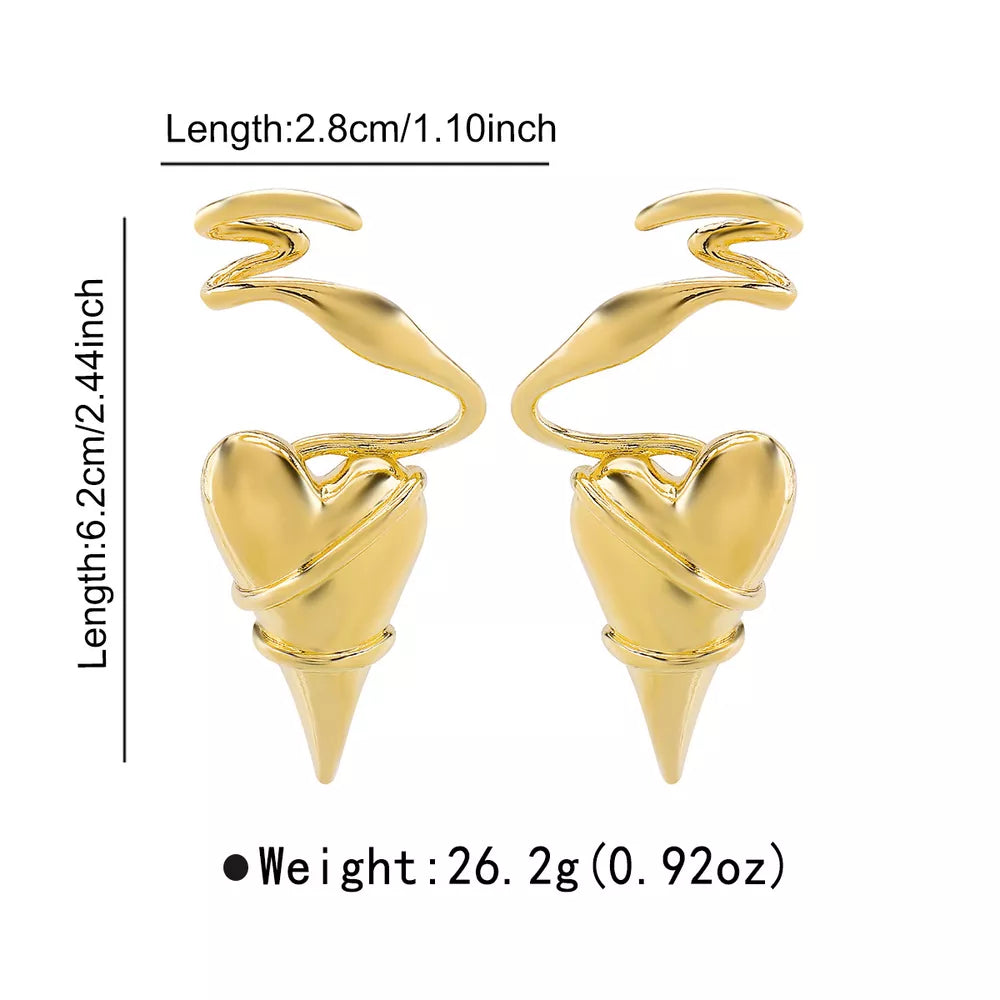 Gold twisted heart wire earrings with a luxe finish and pointed tip.