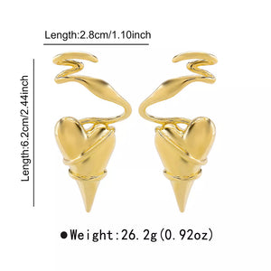 Gold twisted heart wire earrings with a luxe finish and pointed tip.