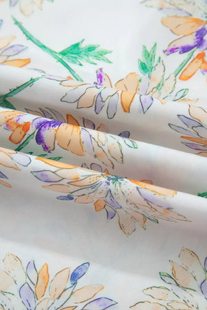 Floral print belted sleeveless dress fabric detail with watercolor flowers in orange, purple, and green on white.