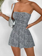 Strapless ruched waist romper in leopard print with a comfortable cotton feel.