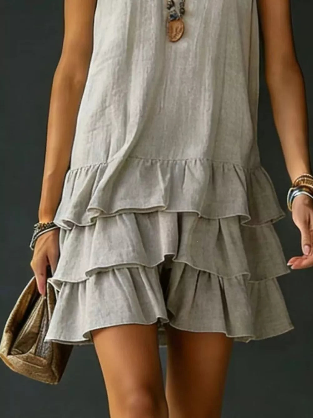 Grey tiered ruffled hem V-neck dress with a casual, airy style.