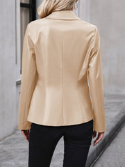 Khaki faux leather double-breasted blazer with a classic collar and long sleeves.