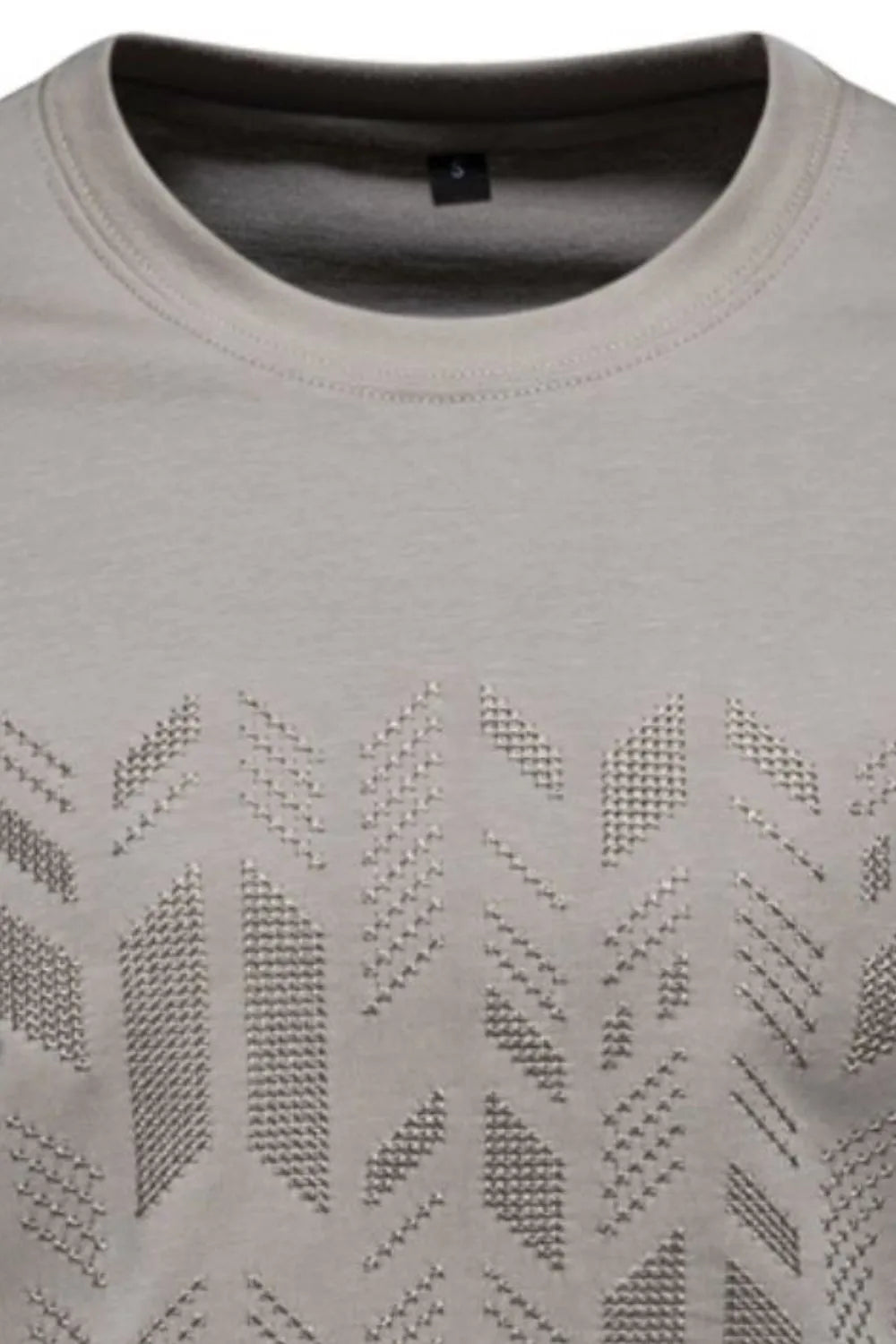 Embossed geometric tee in gum leaf gray with textured pattern detail.