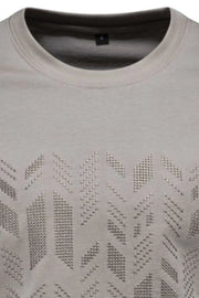 Embossed geometric tee in gum leaf gray with textured pattern detail.