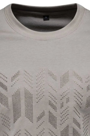 Embossed geometric tee in gum leaf gray with textured pattern detail.