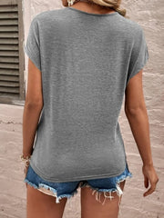 Gray dolman sleeve top with lace trim detail, casual style