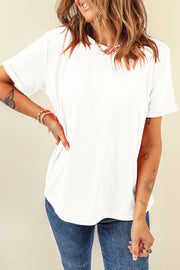 White rolled sleeve raglan tee with casual crew neck and relaxed fit.