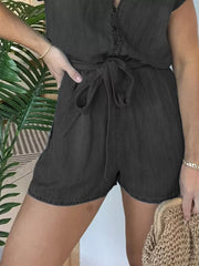 Dark Gray tie-waist romper with button-down front and short sleeves.