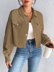 Cropped taupe corduroy snap-front jacket with chest pockets and a relaxed fit.