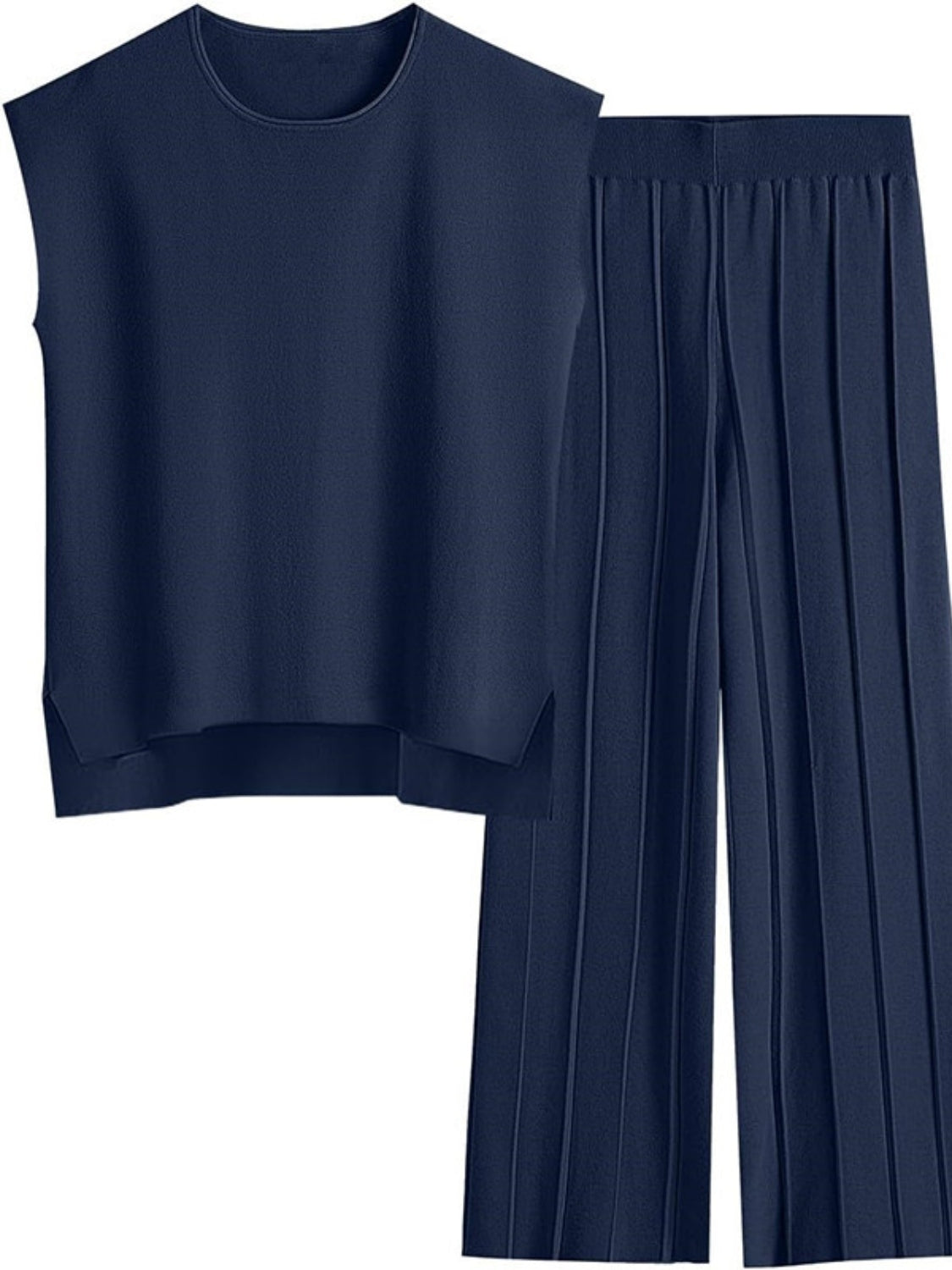 Dark Blue seamed knit co-ord set with sleeveless top and wide-leg pleated pants.