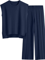 Dark Blue seamed knit co-ord set with sleeveless top and wide-leg pleated pants.
