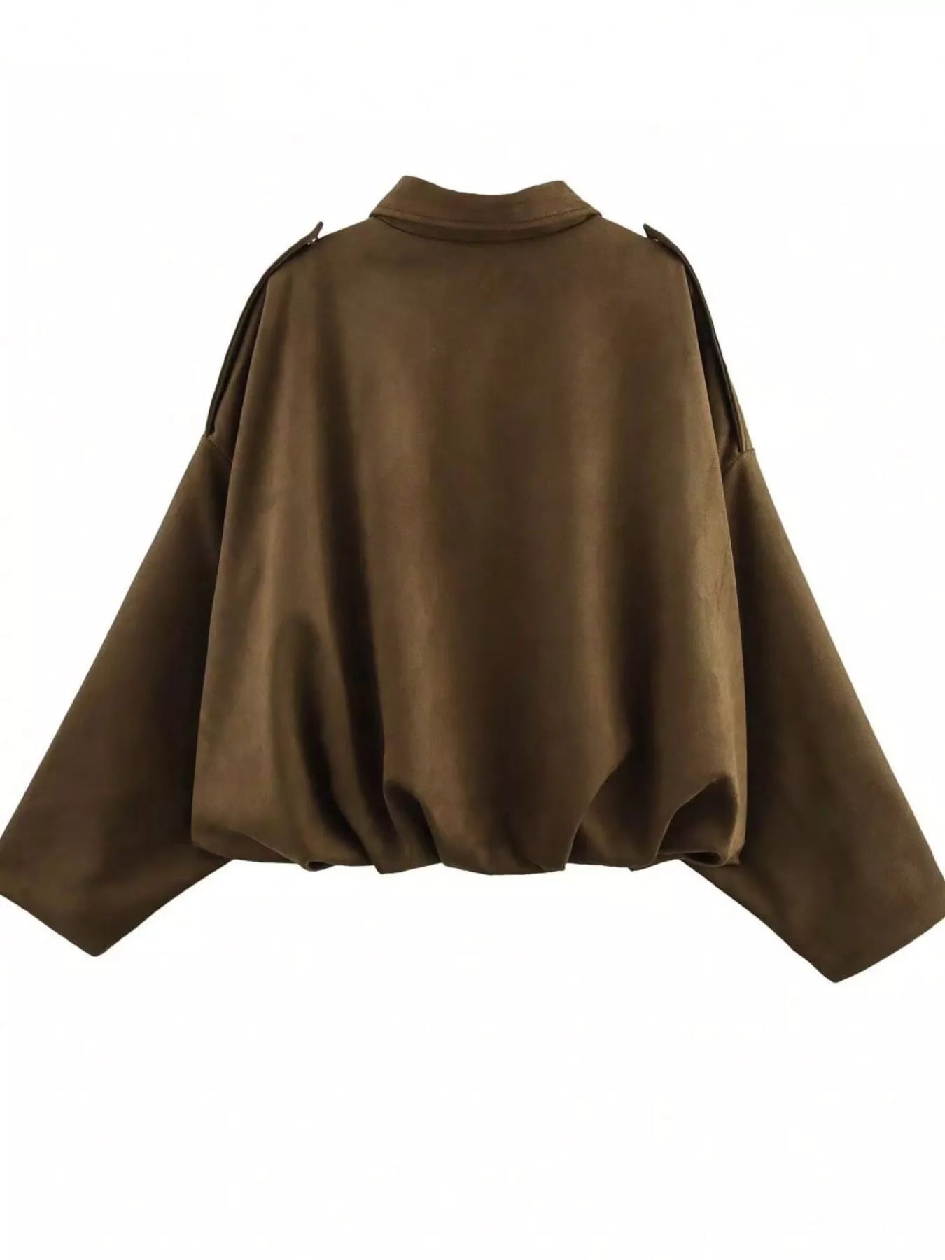 Oversized brown zip-up jacket with a collared neckline and elasticated hem.