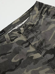 Camouflage cargo capris in cotton with utility pockets and button fly.