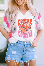 White graphic tee with Cosmic Cowgirl print and patchwork sleeves