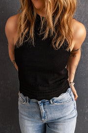 Black knit halter top with scalloped hem detail