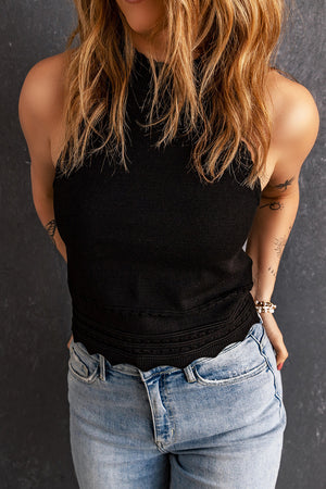 Black knit halter top with scalloped hem detail