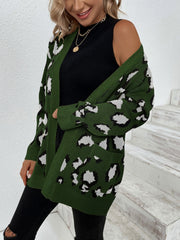 Army green knit cardigan with leopard print, open front, long sleeves, and pockets.