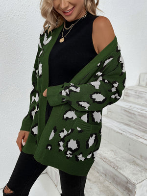 Army green knit cardigan with leopard print, open front, long sleeves, and pockets.