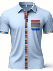 Light blue short sleeve men's cotton shirt with colorful striped trim on placket, pocket, and cuffs.