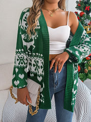 Festive green acrylic open-front cardigan with white reindeer, snowflake, and heart jacquard pattern.