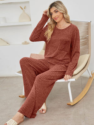 Ribbed knit lounge set in Terracotta with long sleeves, crew neck, and pocket detail.