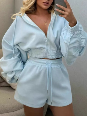Zip Up Drawstring Outerwear And Shorts Set in White, model styling view