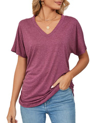 Burgundy relaxed V-neck short sleeve t-shirt with draping detail
