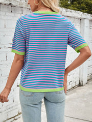 Striped knit tee with pink and teal horizontal stripes and lime green trim.