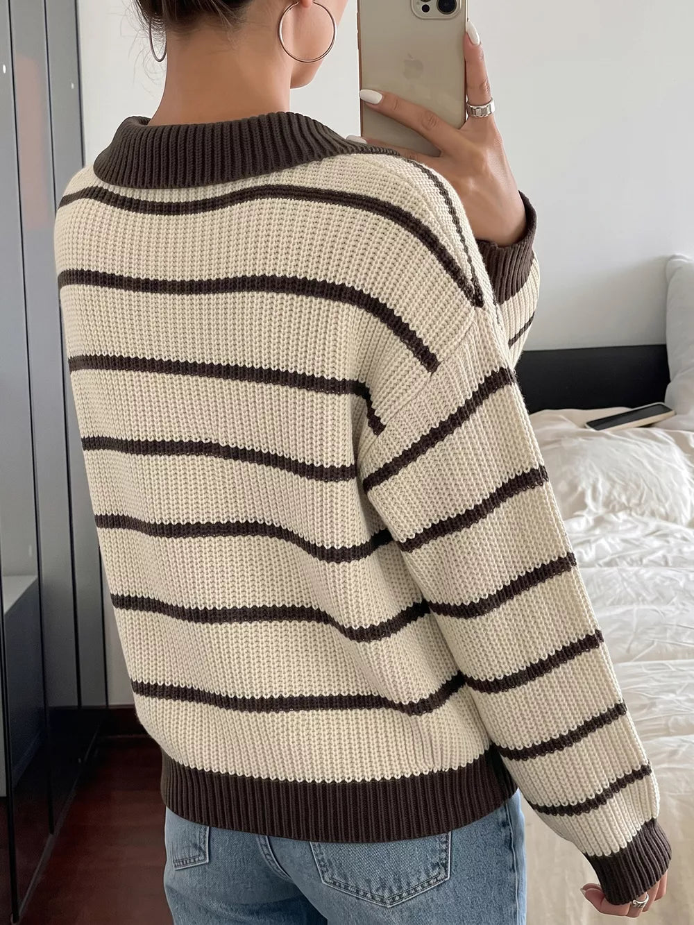 Striped Knit Polo Sweater in Tan, fabric detail