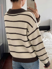 Striped Knit Polo Sweater in Tan, fabric detail