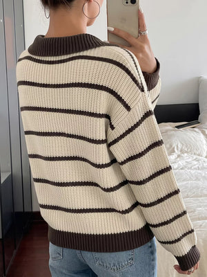 Striped Knit Polo Sweater in Tan, fabric detail