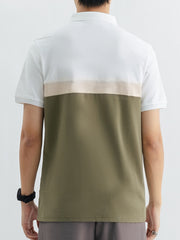 Men's color block polo shirt with white, beige, and olive green panels.