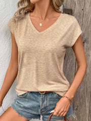 Tan cap sleeve slouchy v-neck tee with a marled texture.