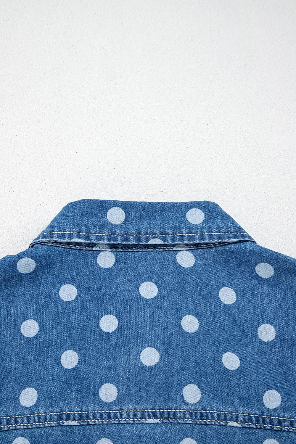 Polka Dot Long Sleeve Collar Shift Tunic Denim Jacket in Dusty Blue, alternate angle