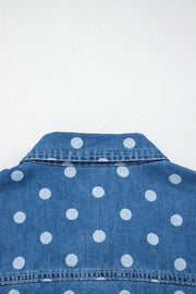 Polka Dot Long Sleeve Collar Shift Tunic Denim Jacket in Dusty Blue, alternate angle