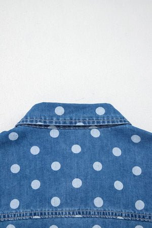 Polka Dot Long Sleeve Collar Shift Tunic Denim Jacket in Dusty Blue, alternate angle