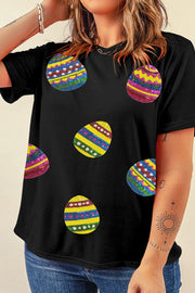 Black crewneck tee with colorful sequin Easter egg print
