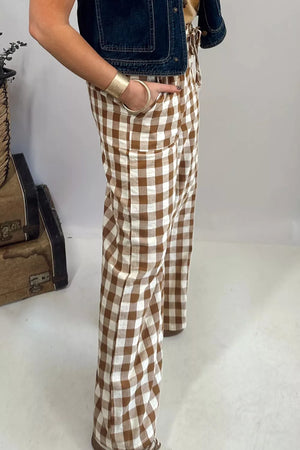 Gingham Plaid Tie Elastic Waist Shift Pants, close-up detail