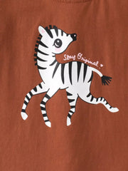 Brown cotton tee with playful zebra graphic and Stay Original text.
