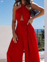 Halter Neck Cut-out Wide-leg Jumpsuit in Sage, alternate angle