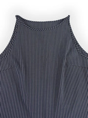 Chic navy pinstripe sleeveless top with a high neckline.
