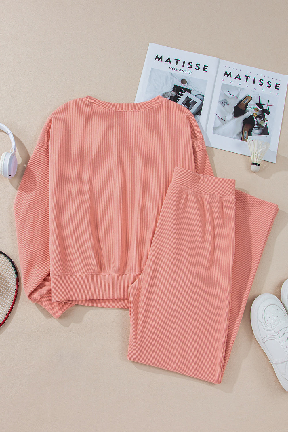 Pink plush corduroy lounge set with relaxed fit sweatshirt and pants