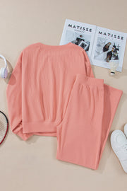 Pink plush corduroy lounge set with relaxed fit sweatshirt and pants
