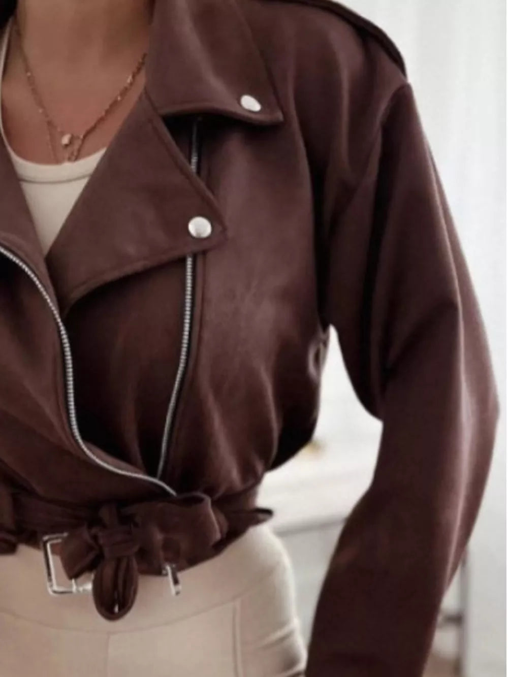 Cropped Biker Jacket With Belt Detail in Black, view 14