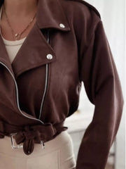 Cropped Biker Jacket With Belt Detail in Black, view 14