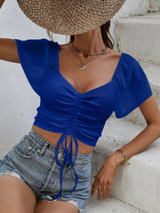 Royal blue ribbed crop top with drawstring and chiffon sleeves