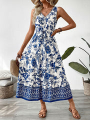 Midi dress with blue floral print, V-neck, drawstring waist, tiered skirt, and button-down detail.